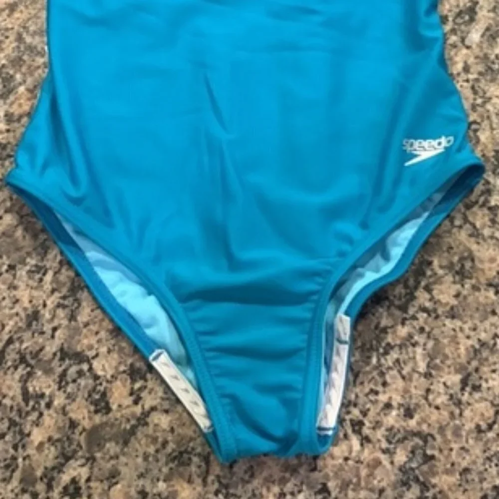 Girl's Speedo Criss Cross Swimsuit Teal Double Strap Size 12 EUC #7253